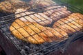 BBQ. Cooking barbecue steak and sausages on the old grill in the backyard in the summer day. Close up