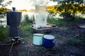 bbq cooking coffee at evening lake beach Royalty Free Stock Photo
