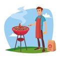 BBQ Cooking Vector. Classic American Smiling Man Barbecuing. On White Cartoon Character Illustration