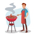 BBQ Cooking Vector. Man Cook Grill Meat On Bbq. Flat Cartoon Character Illustration