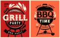 BBQ cookout flyer or poster template design set. BBQ time. Grill party. Food concept, retro vector illustration