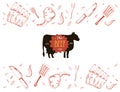 BBQ Doodle banner. Modern sketch. Blackboard Food menu. Raw pork meat. Barbecue wallpaper Royalty Free Stock Photo