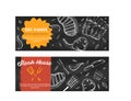 BBQ Doodle banner. Modern sketch. Blackboard Food menu. Raw pork meat. Barbecue wallpaper Royalty Free Stock Photo