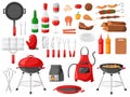 Bbq elements. Grill cooking tools for barbecue summer party, roasted on fire meat food cartoon vector set