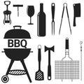 BBQ kitchen utensils. Set of vector icons: fork, knife, skewer, corkscrew, spatula, chop hammer, meat tongs and grill grate.