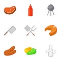 BBQ equipment icons set, cartoon style