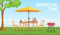 Bbq in garden. Cartoon summer outdoor backyard barbecue party with furniture, umbrella, food on grill. Home picnic in Royalty Free Stock Photo