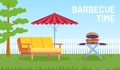 Bbq in garden. Cartoon summer outdoor backyard barbecue party with furniture, umbrella, food on grill Royalty Free Stock Photo