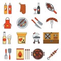 BBQ grill barbecue cooking meat steak picnic nature party isometric outline flat design icons set vector illustration Royalty Free Stock Photo