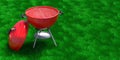 BBQ grill. Barbecue round with cover against grass background. 3d illustration