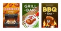 Bbq grill cards. Roast outdoor cooking posters, fried meat with ketchup, open flame and embers, barbeque picnic