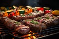 BBQ grill closeup with mouthwatering grilled meat and vegetables