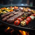 BBQ grill closeup with mouthwatering grilled meat and vegetables