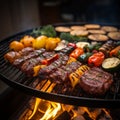 BBQ grill closeup with mouthwatering grilled meat and vegetables