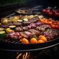 BBQ grill closeup with mouthwatering grilled meat and vegetables