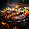 BBQ grill closeup with mouthwatering grilled meat and vegetables