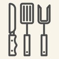 BBQ grill cutlery line icon. Roasting utensil symbol, outline style pictogram on beige background. Butcher knives, fork Royalty Free Stock Photo
