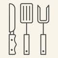 BBQ grill cutlery thin line icon. Roasting utensil symbol, outline style pictogram on beige background. Butcher knives Royalty Free Stock Photo