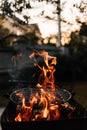 Bbq grill with fire on backyard nobody Royalty Free Stock Photo