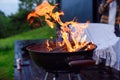 Bbq grill flame, hot burning grill outdoors cooking food. Grill burning fire for barbecue cooking outdoors.