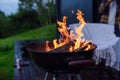 Bbq grill flame, hot burning grill outdoors cooking food. Grill burning fire for barbecue cooking outdoors. Royalty Free Stock Photo