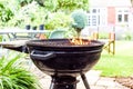 Bbq grill with flames in an empty back garden preparing to cook outside