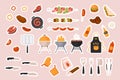 BBQ grill food stickers set for social media chat or sms, barbecue, kebab menu to eat