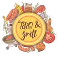 BBQ and Grill Hand Drawn Background with Steak, Fish and Sauce. Picnic Party