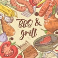 BBQ and Grill Hand Drawn Background with Steak, Fish and Vegetables. Picnic Party