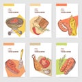 BBQ and Grill Hand Drawn Cards Brochure Menu with Meat, Steak and Vegetables. Food and Drink
