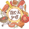 BBQ and Grill Hand Drawn Design with Steak, Fish and Meat. Picnic Party