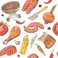 BBQ and Grill Hand Drawn Seamless Background with Steak, Meat, Fish and Vegetables. Picnic Party Pattern Royalty Free Stock Photo