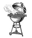 BBQ grill isolated. Barbecue brazier with smoke. Kebab, grilled food concept. Hand drawn sketch vector illustration