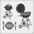 BBQ and grill labels set. Barbecue emblems and badges. Vector monochrome illustration. Royalty Free Stock Photo