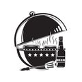 BBQ grill logo icon. BBQ, grilled sausages and beer bottle isolated on white Royalty Free Stock Photo