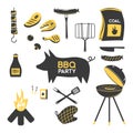 BBQ grill meat barbecue restaurant party at home dinner vector products skewer grilling kitchen equipment flat