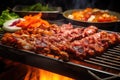 A bbq grill with meat and vegetables cooking on it, creating a mouth-watering outdoor barbecue feast, The sizzle and steam of a