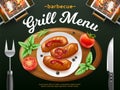 Bbq grill menu cover. Glowing coals, top view plate, kitchen appliances, fried sausages with herbs and tomatoes on