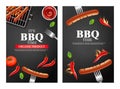 Bbq grill party banners set Vector realistic. Vertical menu brochure template hot sausage. Hot sauce chily and tomato