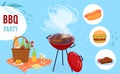 Bbq grill party flat vector illustration, cartoon summer outdoor cookout picnic collection with barbecue equipment