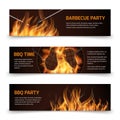 Bbq grill party horizontal vector banners set with realistic hot fire Royalty Free Stock Photo