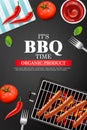 Bbq grill party Vector realistic. Vertical menu brochure template hot sausages. Hot sauce chily and tomato. 3d