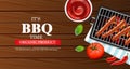 Bbq grill party Vector realistic. Vertical menu brochure template hot sausages. Hot sauce chily and tomato. 3d