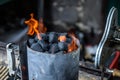 BBQ Grill Pit Glowing And Flames Hot Charcoal Briquettes coal Food Background Or Texture Close-Up Top View Royalty Free Stock Photo