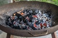 BBQ Grill Pit Glowing And Flaming Hot Charcoal Briquettes coal Food Background Or Texture Close-Up Top View Royalty Free Stock Photo