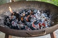 BBQ Grill Pit Glowing And Flaming Hot Charcoal Briquettes coal Food Background Or Texture Close-Up Top View Royalty Free Stock Photo