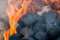 BBQ Grill Pit With Glowing And Flaming Hot Charcoal Briquettes, Food Background Or Texture, Close-Up, Top View Royalty Free Stock Photo