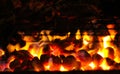 BBQ Grill Pit With Glowing And Flaming Hot Charcoal Briquettes, Food Background Or Texture, Close-Up, Top View Royalty Free Stock Photo