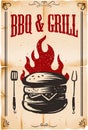 BBQ & grill. Poster template with burger illustration on grunge background. Design element for card, banner, flyer, restaurant men