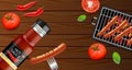 Bbq grill and sauce Vector realistic. Grill sausage menu brochure template. Hot sauce chily and tomato. 3d illustration